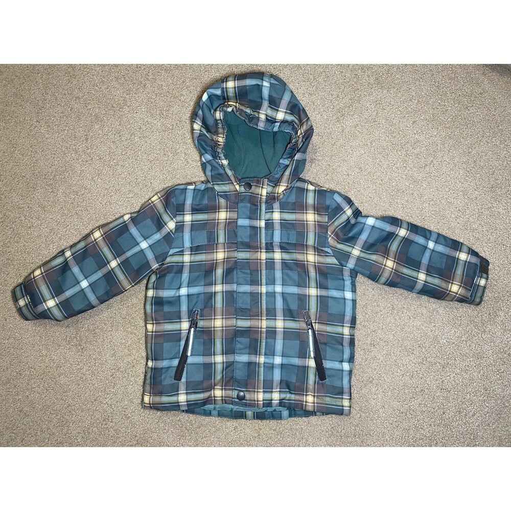 Cat & Jack Boys Blue Teal Plaid Hooded Winter Jacket Coat Size 3T